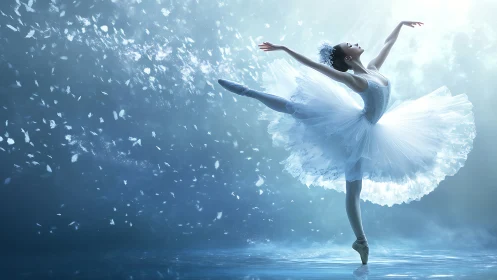 Luminescent ballet arabesque amid volumetric snowfields.