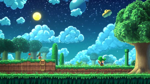 Moonlit pixel forest adventure unfolds under glowing stars