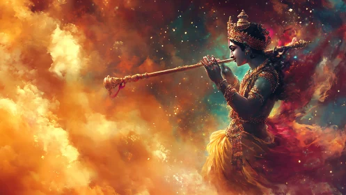 Celestial musician drifting through glowing cosmic clouds.