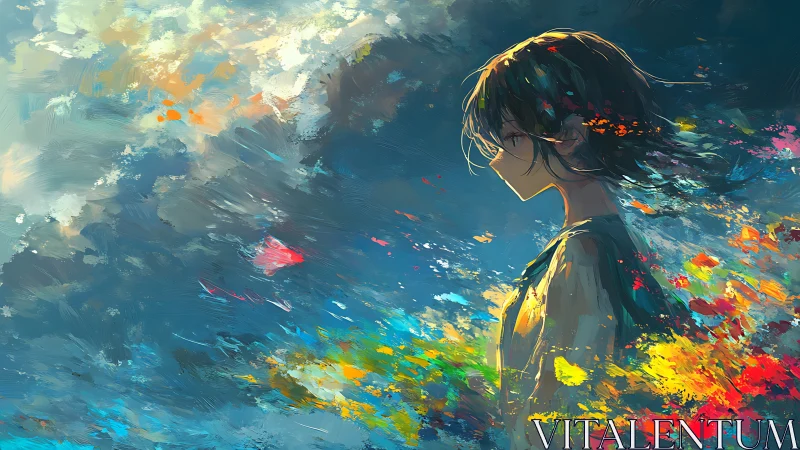 Anime profile portrait amid abstract chromatic brush fields.