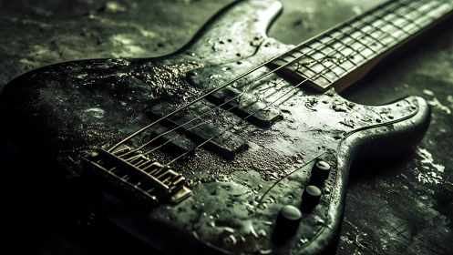 Weathered electric bass guitar glistens with gritty texture.