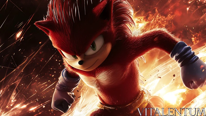 Furry red speed creature charging through fiery sparks.