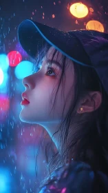 Side profile of woman in rain with neon city lighting.
