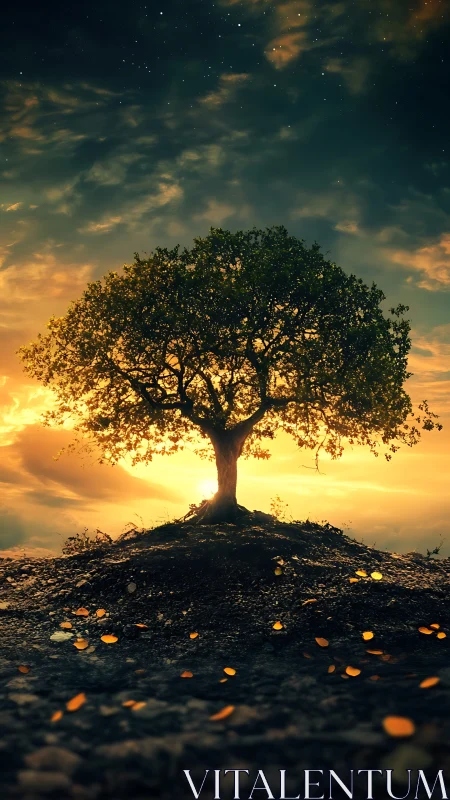 Lone starlit tree crowns a glowing hill at twilight hush.