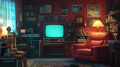 Retro cathode-ray TV lounge with red leather armchair ambience