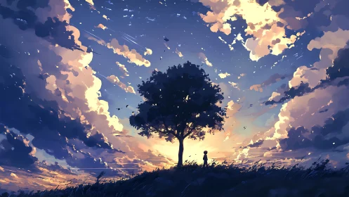 Silhouetted tree and figure stand against a clouded sunset sky