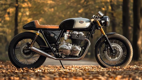 Custom cafe racer motorcycle stands on leaf covered forest road