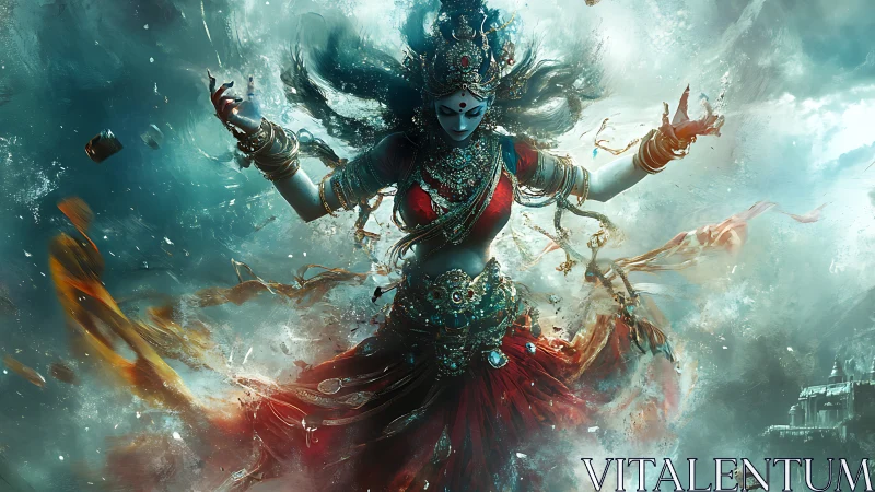 Divine female figure in ornate attire amid swirling energy.