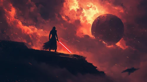 Sith-like warrior over fiery clouds and eclipsed planet.