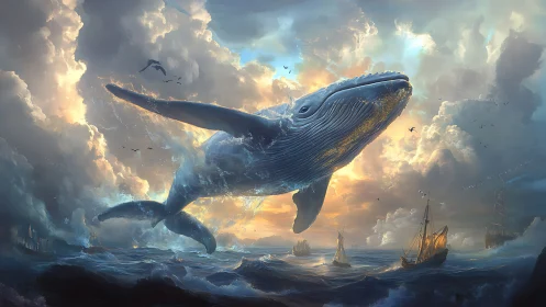 Majestic blue whale rises over stormy sunset seas