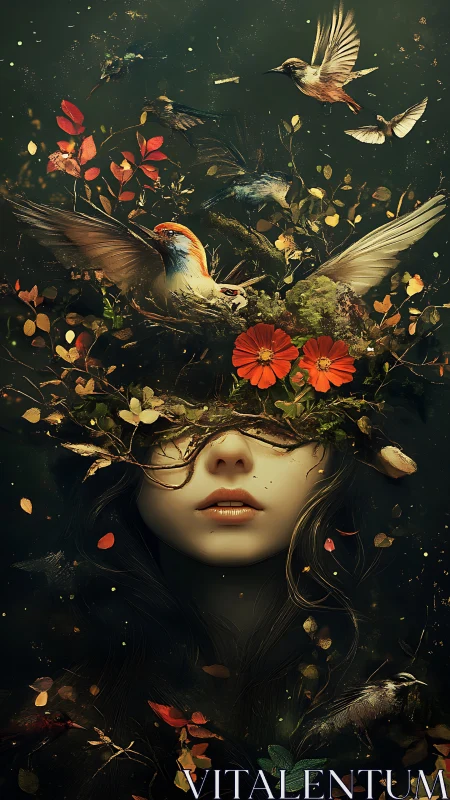 Human face merged with birds, foliage, and floating leaves.