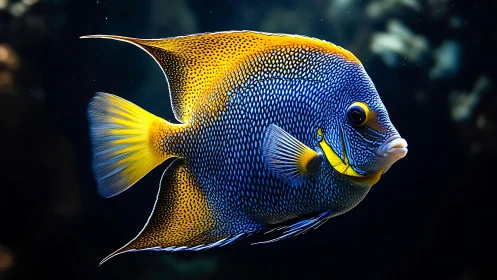 Marine angelfish profile with blue scales and yellow fins.