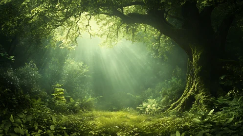 Sunlit forest clearing with dense canopy and moss-covered trees