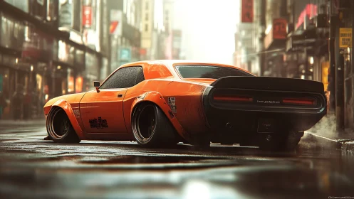 Neon drizzle muscle car idles loud in rain-glossed streets.