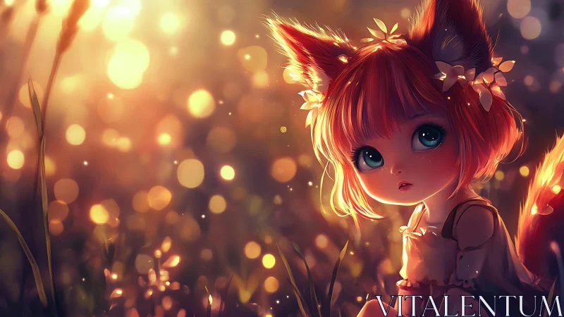Fox-eared child in glowing twilight meadow wonderland.