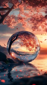 Cherry tree reflection in glass sphere beside still water.