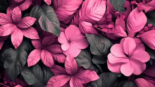 Pink Flowers with Dark Foliage Against Black Background.