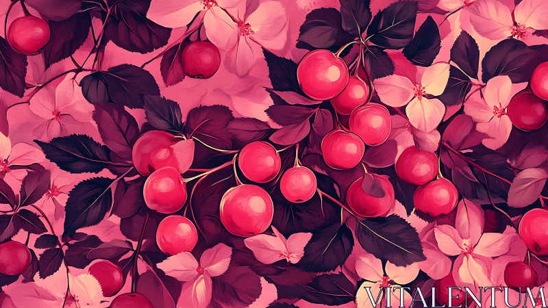 Crimson orchard dreamscape with glossy cherries and petals.