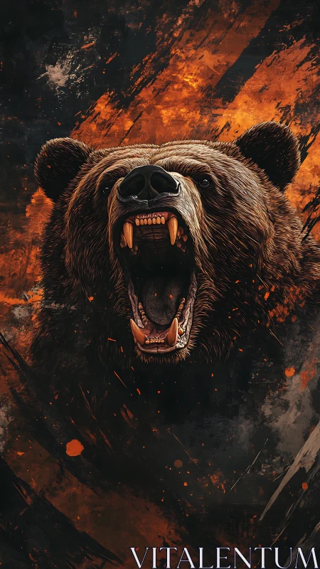Roaring grizzly bear against molten abstract inferno backdrop.