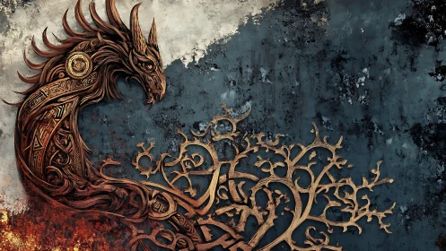 Ornate dragon entwined with branching filigree forms.