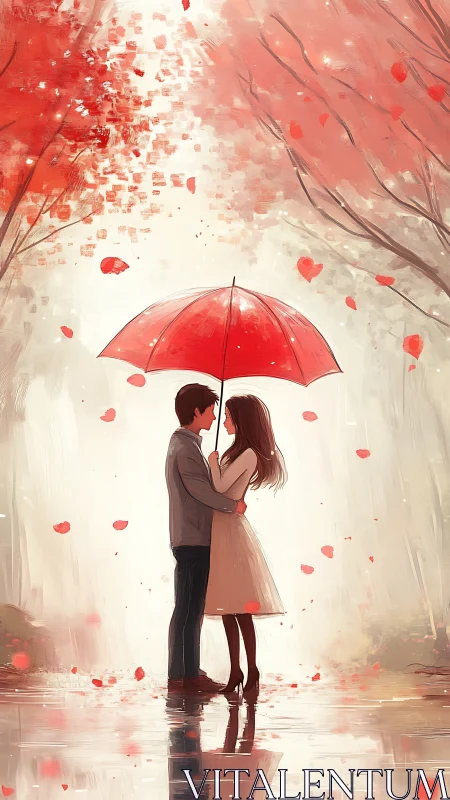 Couple Under Red Umbrella in Romantic Autumn Rain
