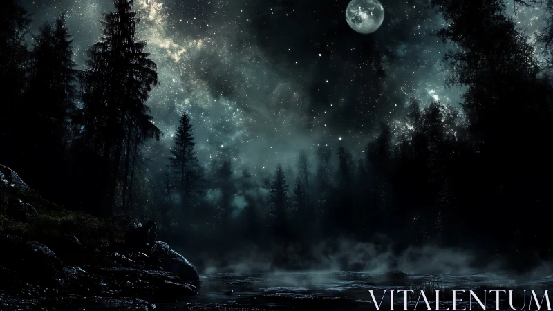 Nocturnal forest lake under high-contrast moonlit starfield sky
