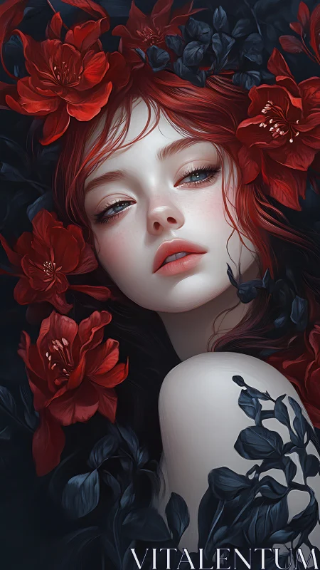 Digital painting portrait with scarlet florals and pale skin tones.