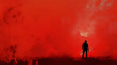 Silhouetted figure stands before expansive red textured field