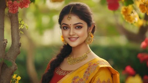 Portrait of woman in yellow saree, gold jewelry, garden bokeh