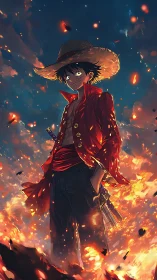 Straw hat swordsman stands amid rising embers and firelight