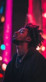 Man in hoodie under magenta neon lights at night street.