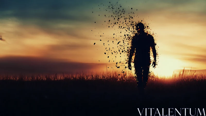 Silhouette dissolves into fragments against a haunting sunset sky