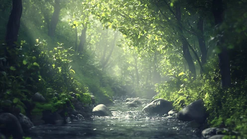 Luminous Forest Stream Beneath Verdant Canopy.