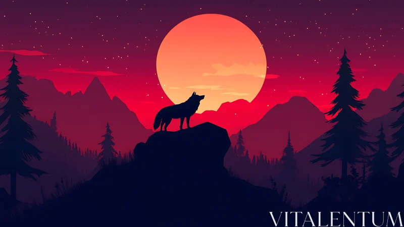 Silhouetted wolf on ridge framed against oversized crimson moon