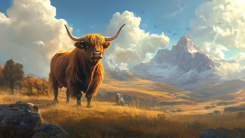 Highland longhorn standing in luminous alpine valley panorama.
