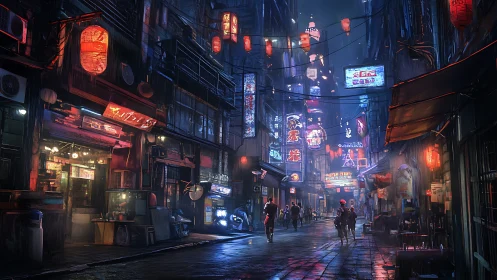 Neon alley nightlife glows under rainy cyberpunk skies.
