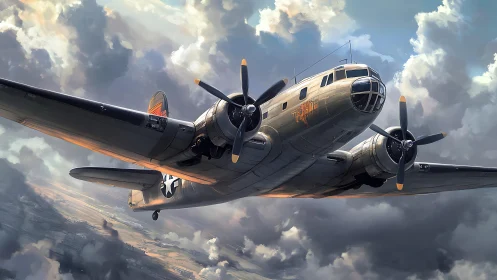 Storm-brushed bomber leans into sunlit clouds with quiet resolve