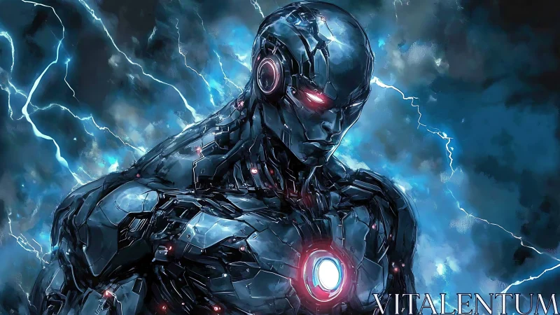 Metallic humanoid robot stands before storm with blue lightning