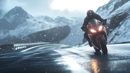 Snow-kissed mountain highway ride with glowing red motorbike.