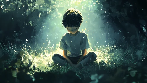 Solitary boy seated in sunlit forest clearing at midday.