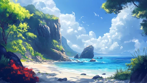 Tropical Paradise Cove with Towering Cliffs and Azure Waters