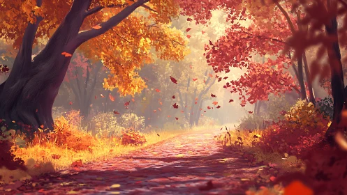 Forest Path During Autumn With Falling Leaves and Filtered Sunlight
