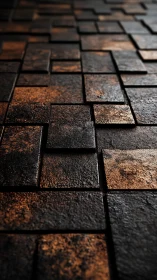 Layered rusted metal tiles form a receding geometric plane
