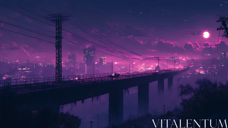 Elevated urban rail bridge under magenta night sky.