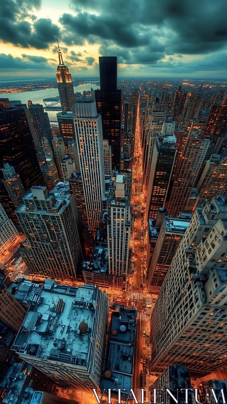 Dramatic twilight skyline captures glowing city canyons.