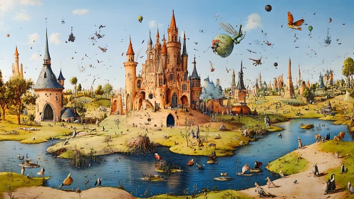 Surreal fairytale citadel above whimsical river valley.
