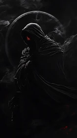 Hooded wraith silhouette with crimson eye in swirling smoke.