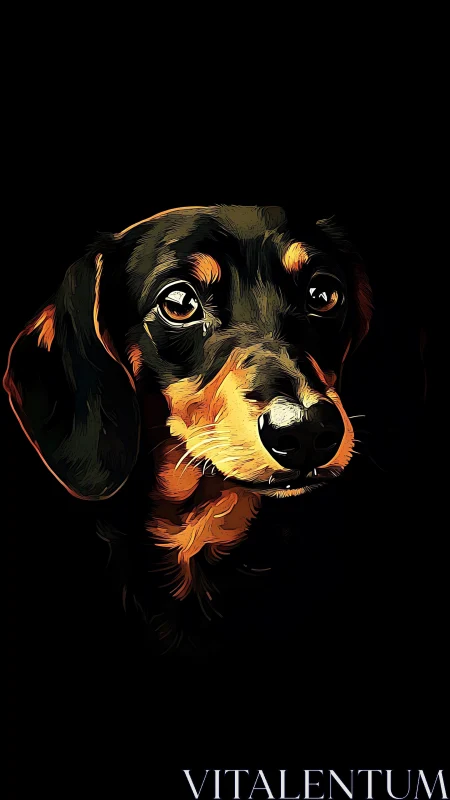 Soft-eyed dachshund glows from the dark like embered night.