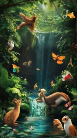 Gentle forest waterfall where curious woodland friends gather.
