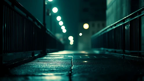 Glimmering city bridge walkway glows softly on a rainy night